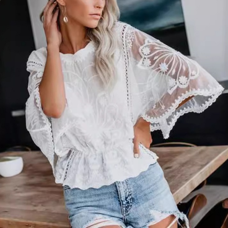 Chemisiers en dentelle à manches chauve-souris pour femmes, broderie de fleurs, évider, chemises décontractées, mode élégante, vêtements d'automne en Y, 2024