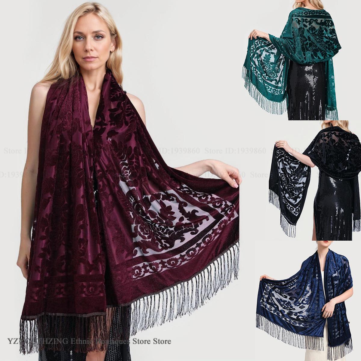 Femmes velours écharpe châle femme longue Jacquard foulards Noble châle automne printemps Poncho Wrap luxe Pashmina gland cape Bufanda