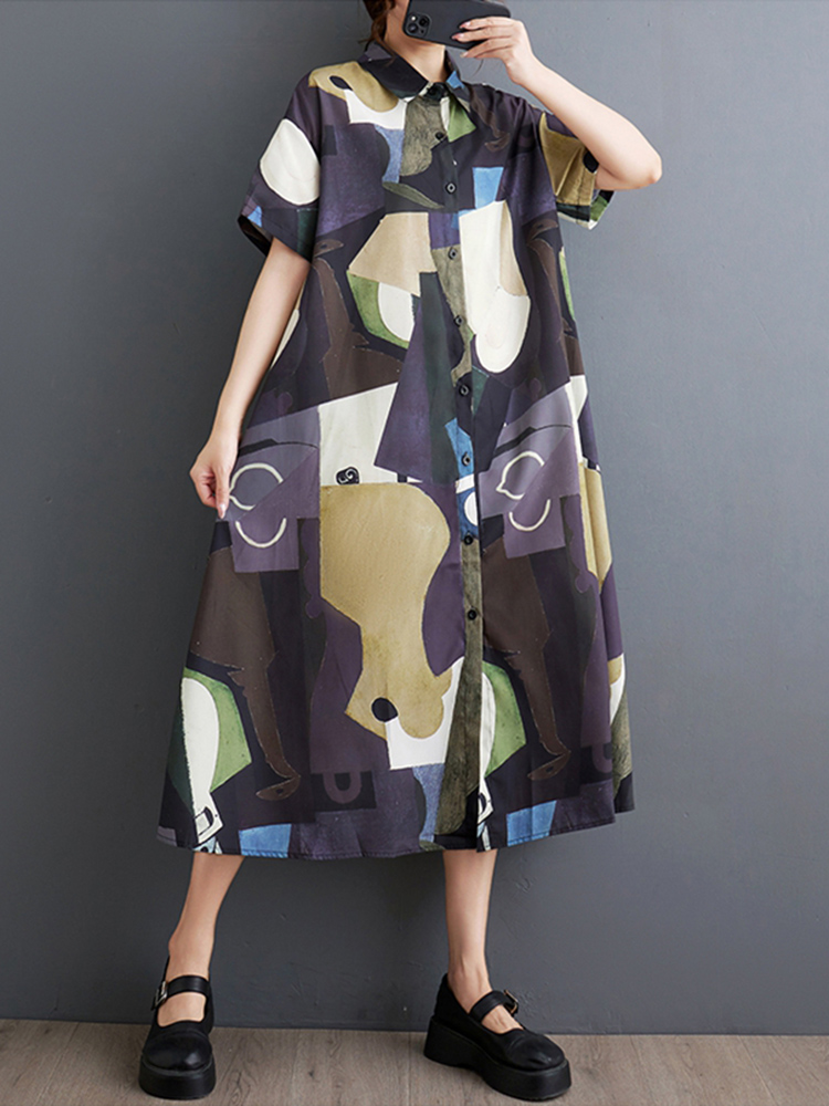 Nouvelles Robes Chemises Imprimées Vintage Été 2026 pour Femmes – Robe Midi Décontractée Ample à Manches Courtes – Vêtements Élégants et Tendance