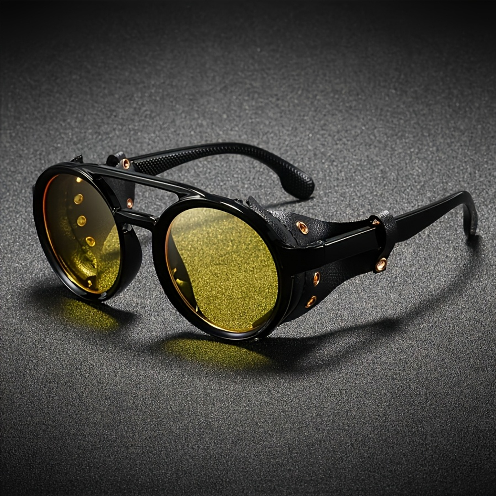 Lunettes de soleil rondes rétro steampunk pour hommes et femmes, en cuir, style punk vintage, protection UV400, anti-vent, pour sports de plein air et équitation