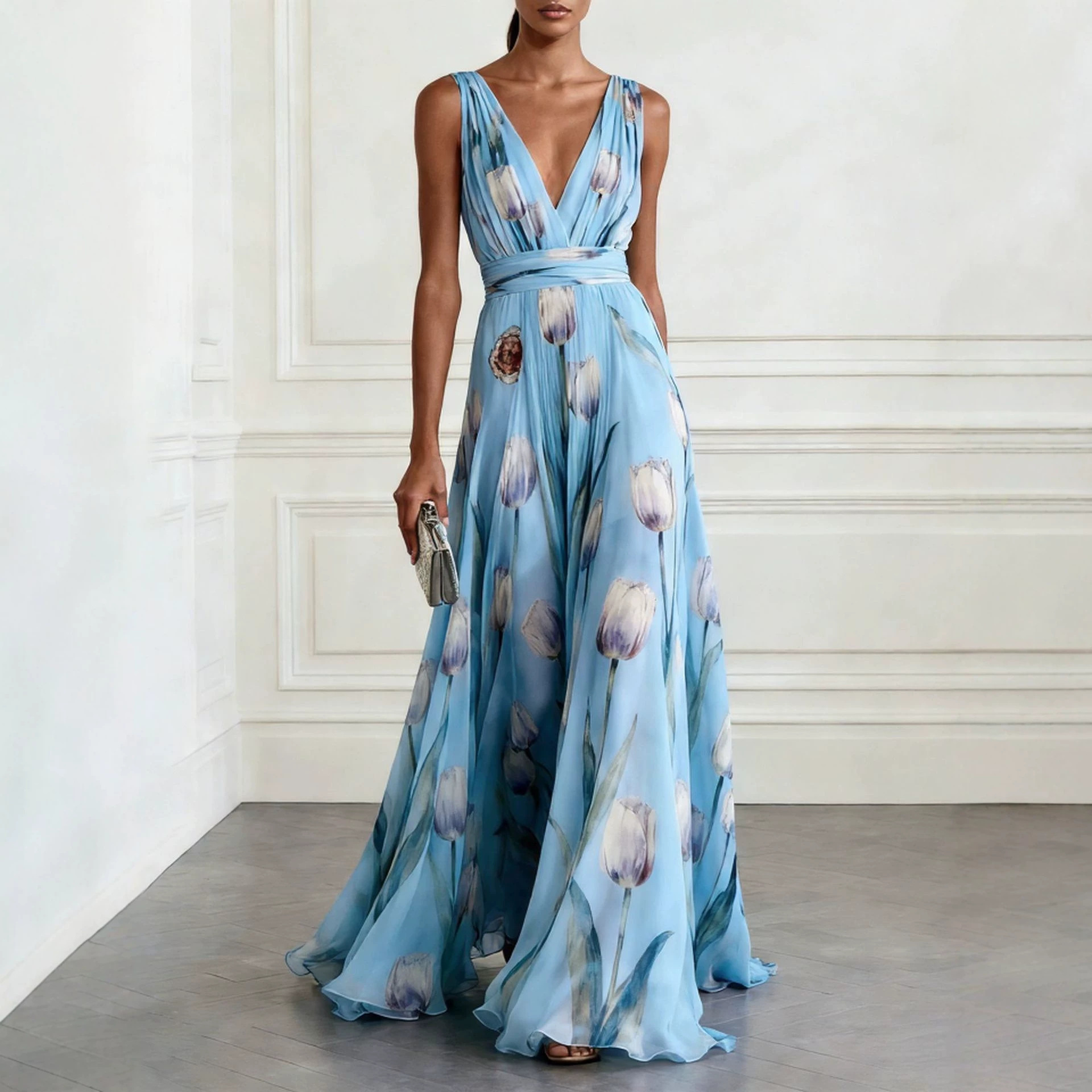 Robes pour femmes 2026 Nouvelle robe de soirée à imprimé tulipes sans manches col en V longue robe vêtements pour femmes vestidoes