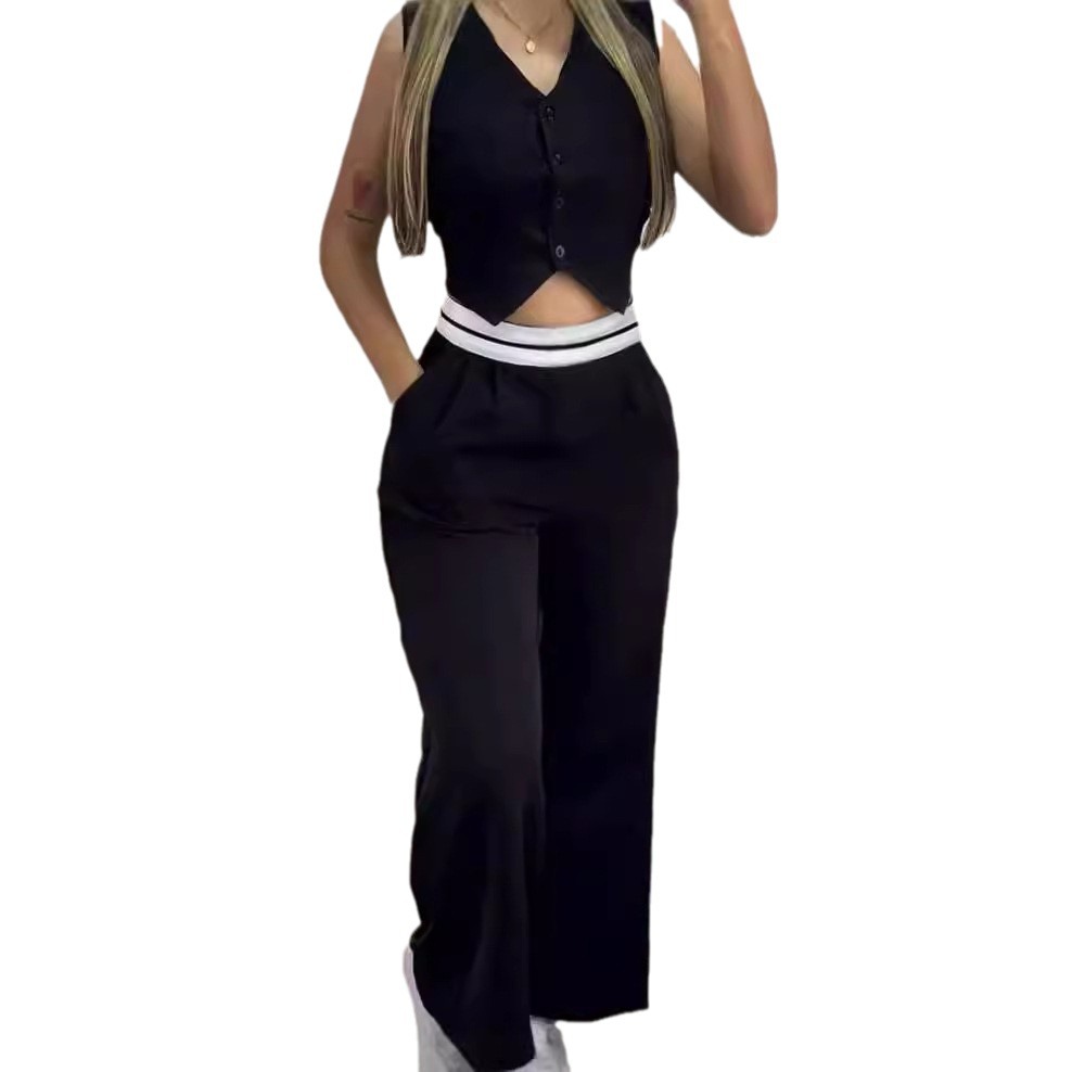 Ensemble 2 pièces noir sexy pour femmes, mode filles chaudes, documents d'abonnés, gilet à col en V, jambes larges, fjCasual