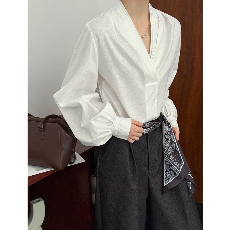 Chemisiers décontractés blancs pour femmes, col en V, manches bouffantes, chemisiers de bureau, hauts et chemisiers pour femmes, chemises tendance, Blusas Roupa Feminina