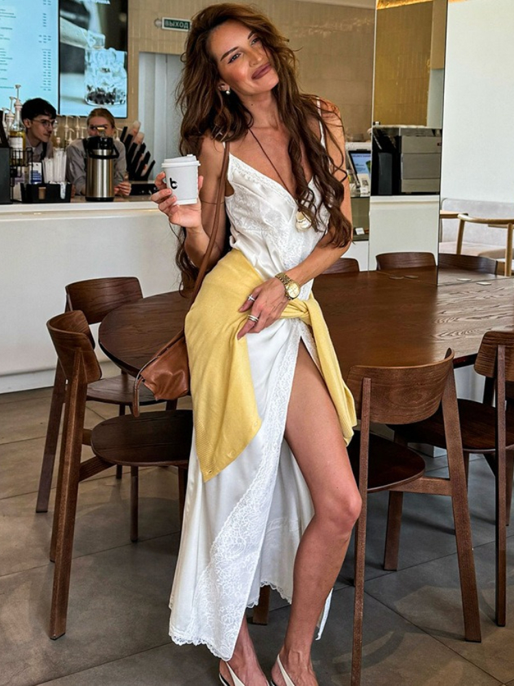 Nouvelle Robe Longue Élégante Française en Satin et Dentelle avec Fente, Design Stylé et Raffiné, Combinaison de Plage pour Vacances, Jupe Longue