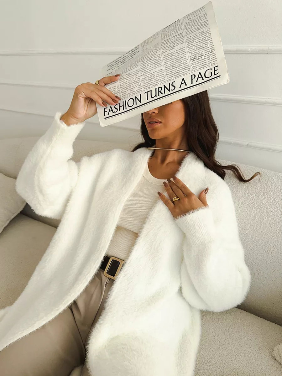 Cardigan Long blanc pour femmes, vêtements d'hiver tricotés, moelleux, manches longues, pull en cachemire, manteau, style clotkoréen, chaud, vintage
