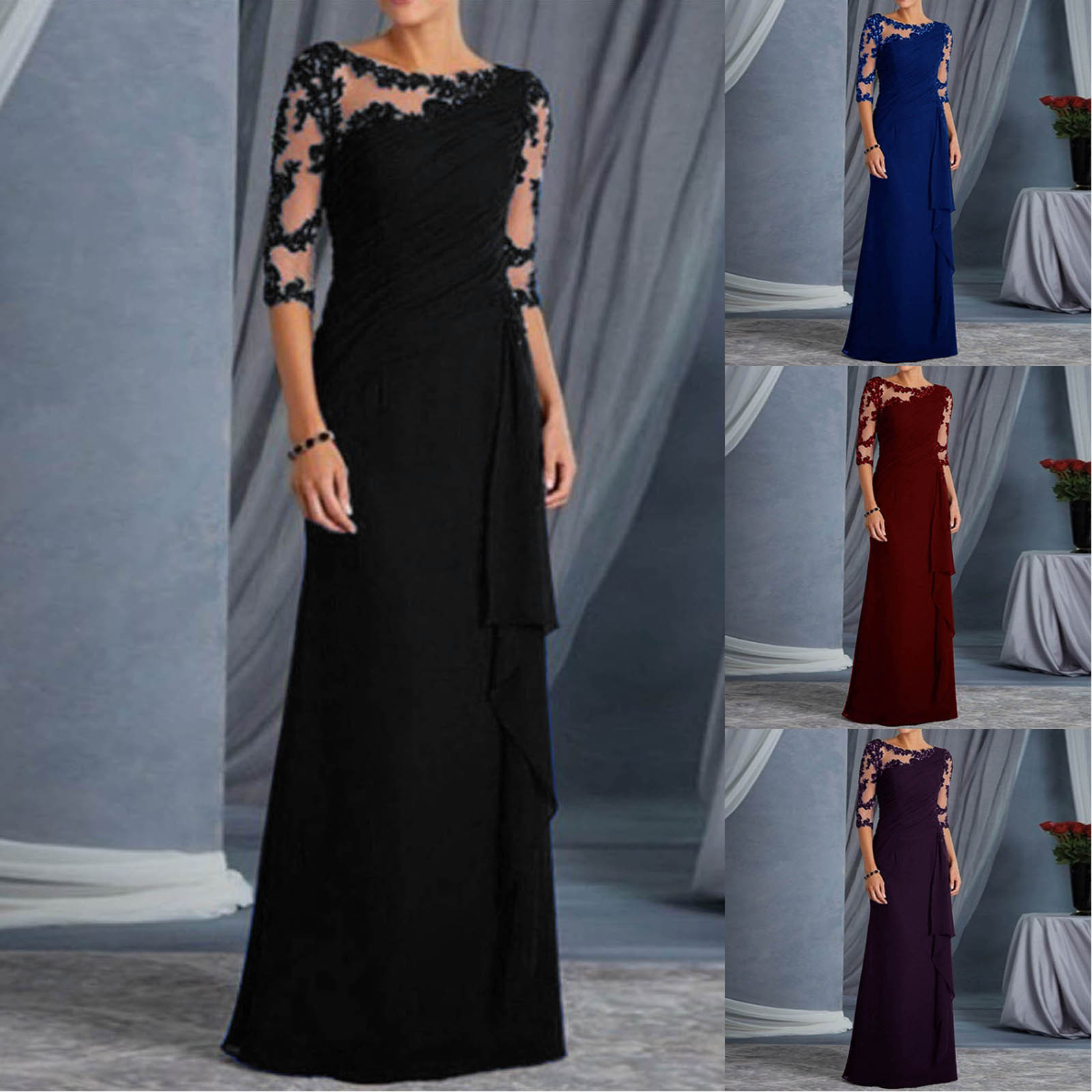 Robe Longue en Dentelle pour Femme, Tenue Élégante, Sexy, Transparente, Col Rond, Manches Mi-sulf, Couleur Unie, pour Soirée, Bal, Cocktail