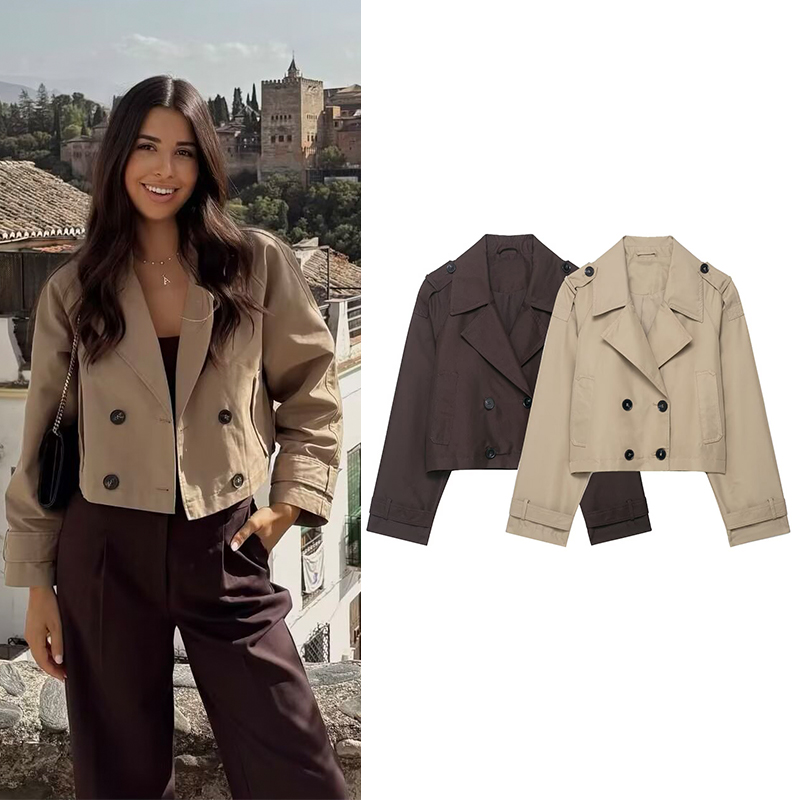 Trench-Coat court à Double boutonnage pour femmes, col rabattu, manches longues, manteaux Vintage, vêtements d'extérieur chics