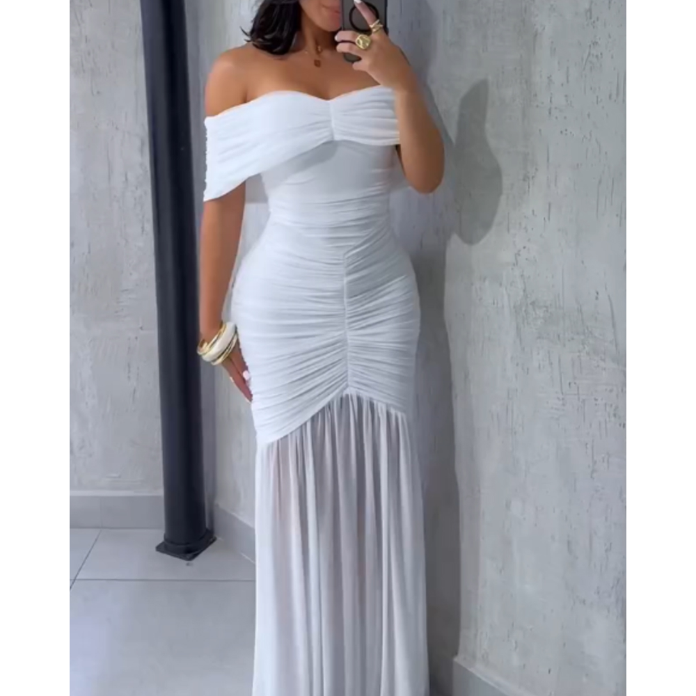 Robe de soirée sirène ajustée à épaules dénudées et taille froncée pour femme, collection 2026, idéale pour les fêtes et mariages