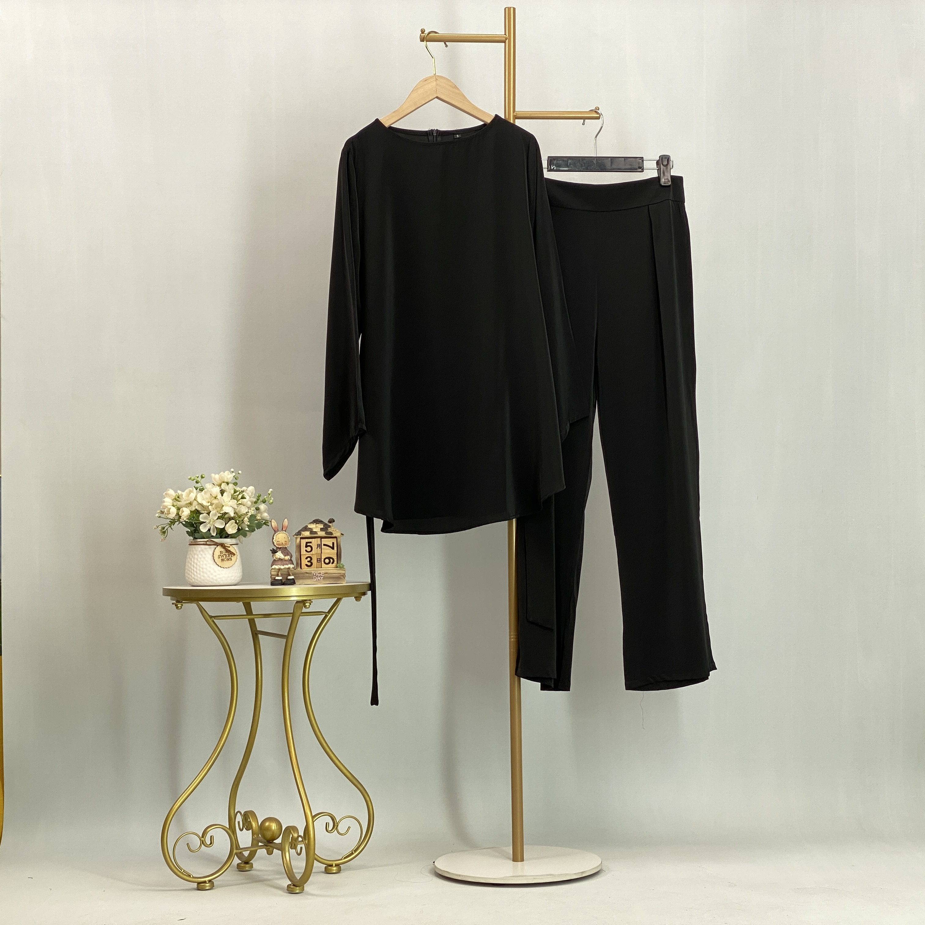 Ensemble de survêtement islamique pour femmes musulmanes, chemise à taille nouée et pantalon large, élégant, décontracté, pour tous les jours