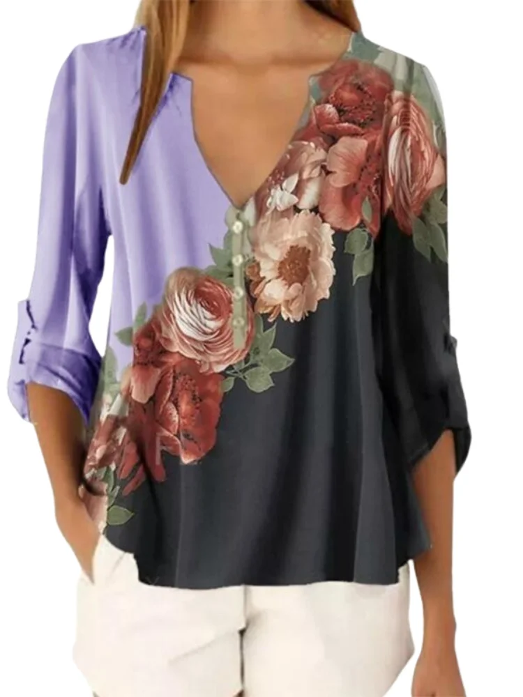 Nouveau été femmes vêtements femmes décontracté adt T-h343 mode imprimé floral avant 3/4 manches Y-V-cou pull chemises pour S-5XL