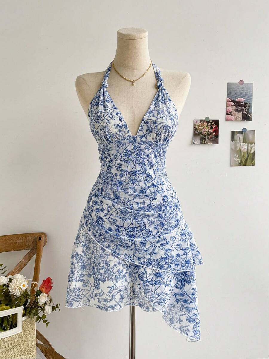 Robe d'été en maille bleue à fleurs pour femmes, col en V, sexy, élégante, douce, coupe ajustée, robe de soirée décontractée
