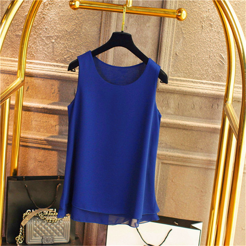 Débardeur Femme Blanc Bleu Rouge en Chiffon – Hauts d'Été Sans Manches Col Rond – Chemises et Gilets pour le Bureau – Vêtements Tendance Féminins