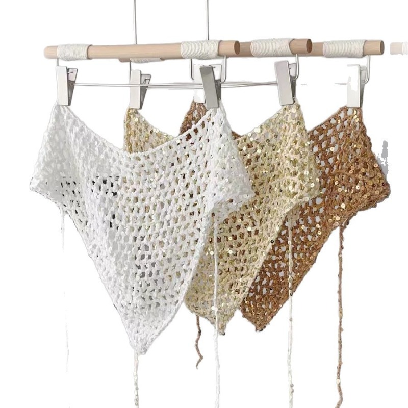 Écharpe triangulaire en tricot ajouré à paillettes style Ins pour femme, polyvalente, décontractée, pour l'été, les voyages et les photos, style Y2K, bonnets et bandeaux