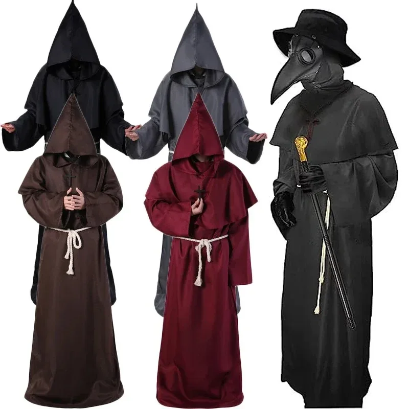 Robe de Costume de docteur de la peste du clergé de moine médiéval, Robe pour hommes adultes, capuche de prêtre, Cape chrétienne, tenue d'halloween, châle