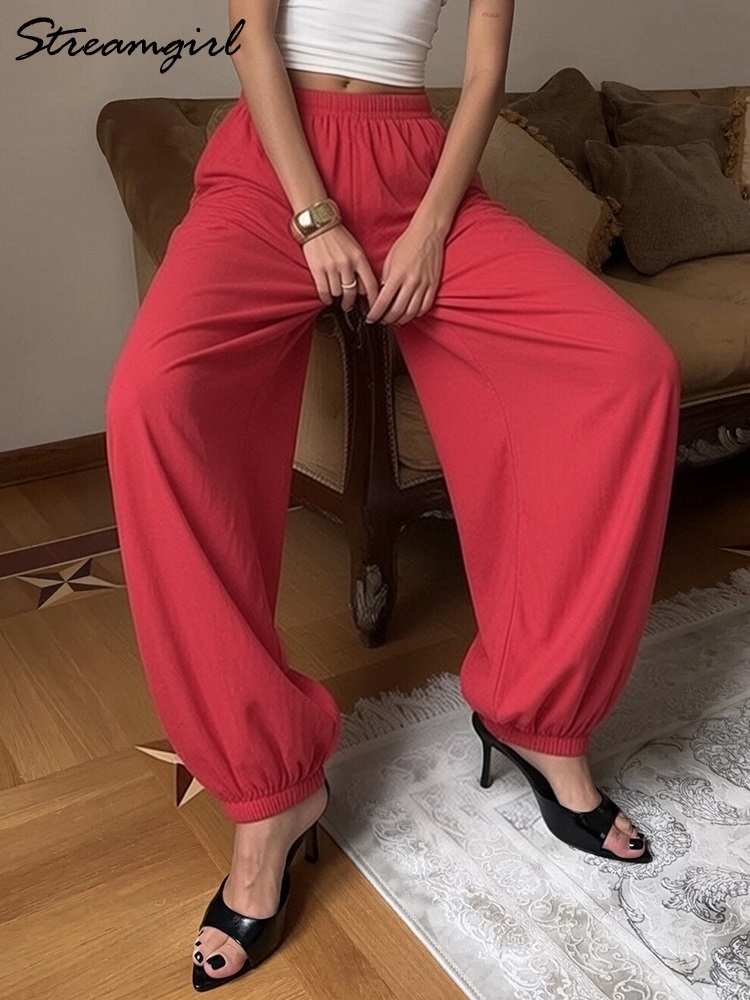 Pantalon large rouge pour femme, en coton, long, blanc, taille élastique, style lanterne, pour l'automne, pantalon droit de sport pour femme
