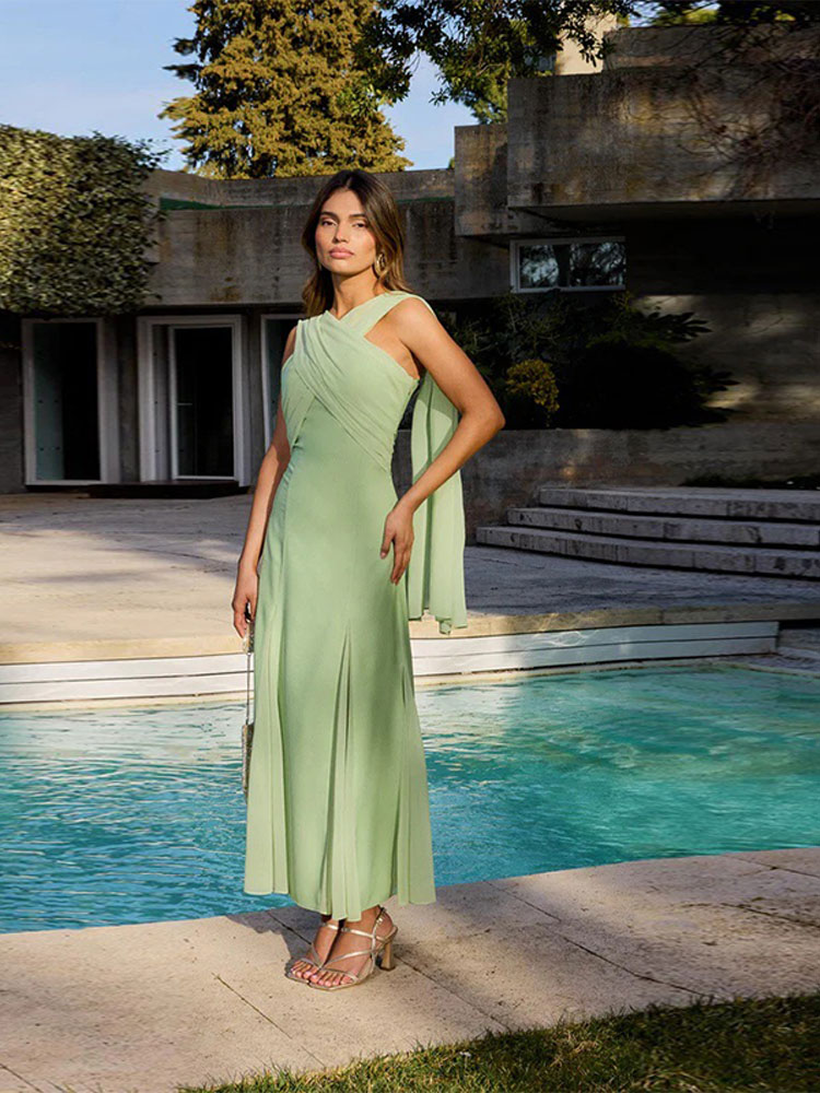 Robe de soirée longue élégante pour femmes, couleur unie, sans manches, dos nu, taille cintrée, robes de soirée Chic, printemps été