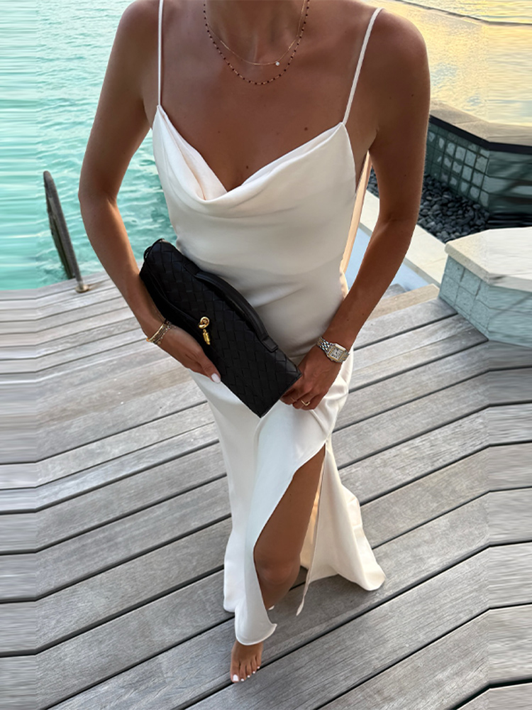 Robe longue élégante en satin pour femme, col en V, sans manches, dos nu, fente haute, robes de plage pour les vacances, maxi vestidos, nouvelles robes pour femme 2026