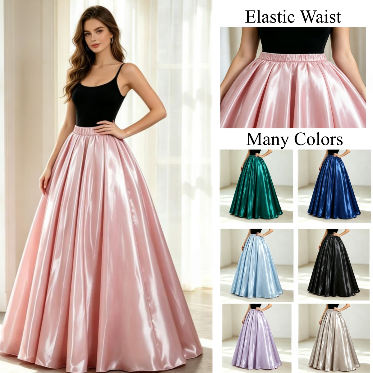 Jupe longue évasée en satin brillant à taille élastique pour femme, personnalisable, taille haute, pour invitées de mariage, bal de promo, soirée, occasions formelles