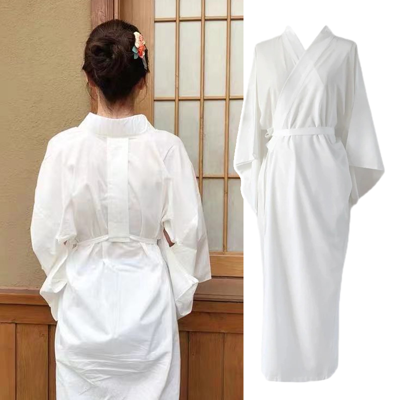Kimono japonais traditionnel blanc avec ceinture, manches longues, doublure Yukata, pyjama pour vacances, Spa, hôpital, livraison et salle de sport