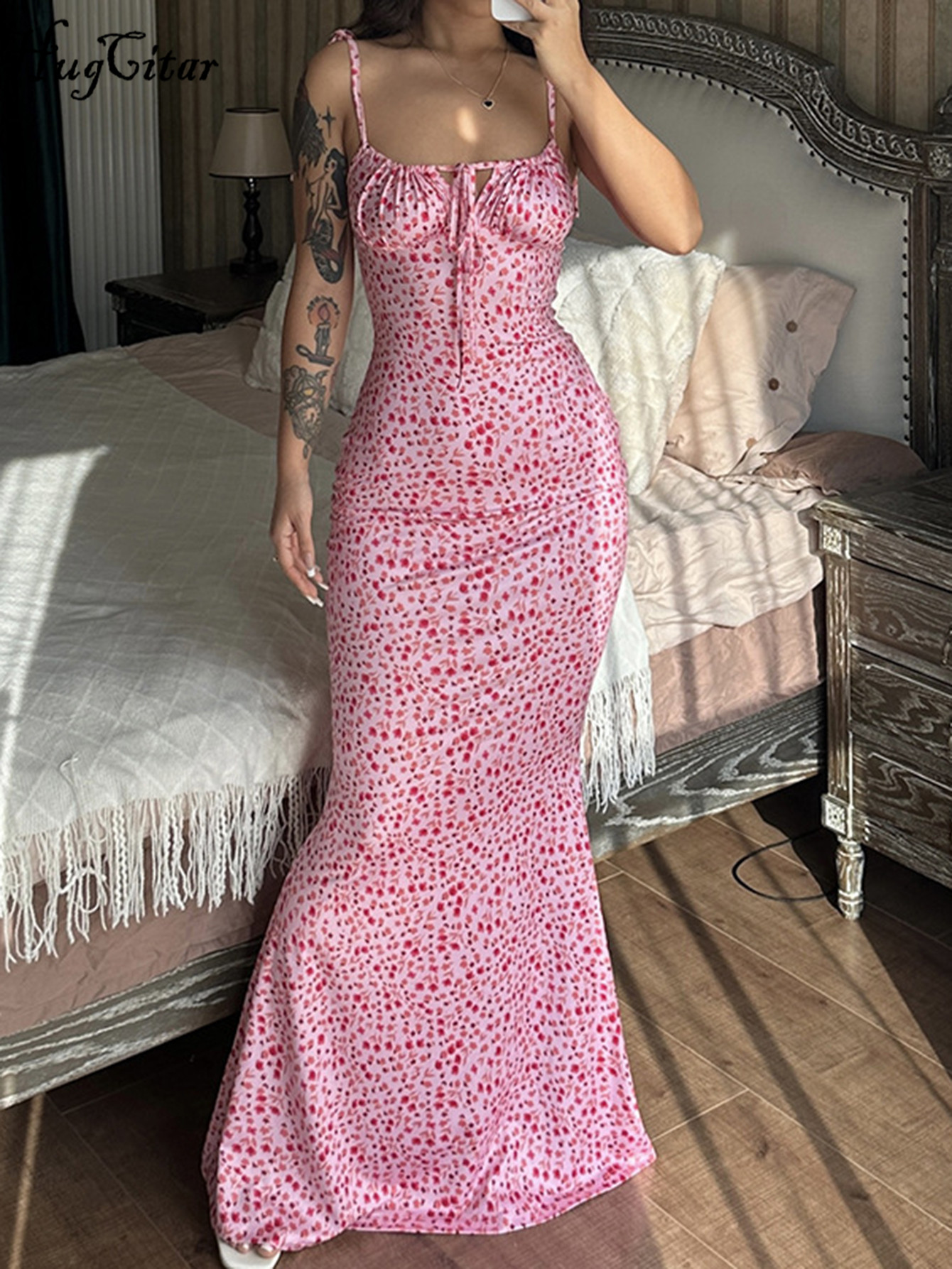 Robe longue moulante Hugcitar pour femme, élégante, à motif floral, pour la plage et les vacances, style streetwear, collection été 2026, articles de gros pour les entreprises