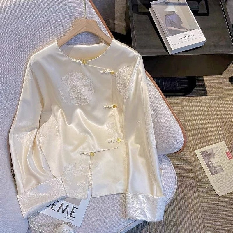 Chemise en Satin de Style chinois pour femmes, hauts blancs à bascule, manches longues, amples, assortis avec tout, nouvelle collection printemps automne Y2k, 2026