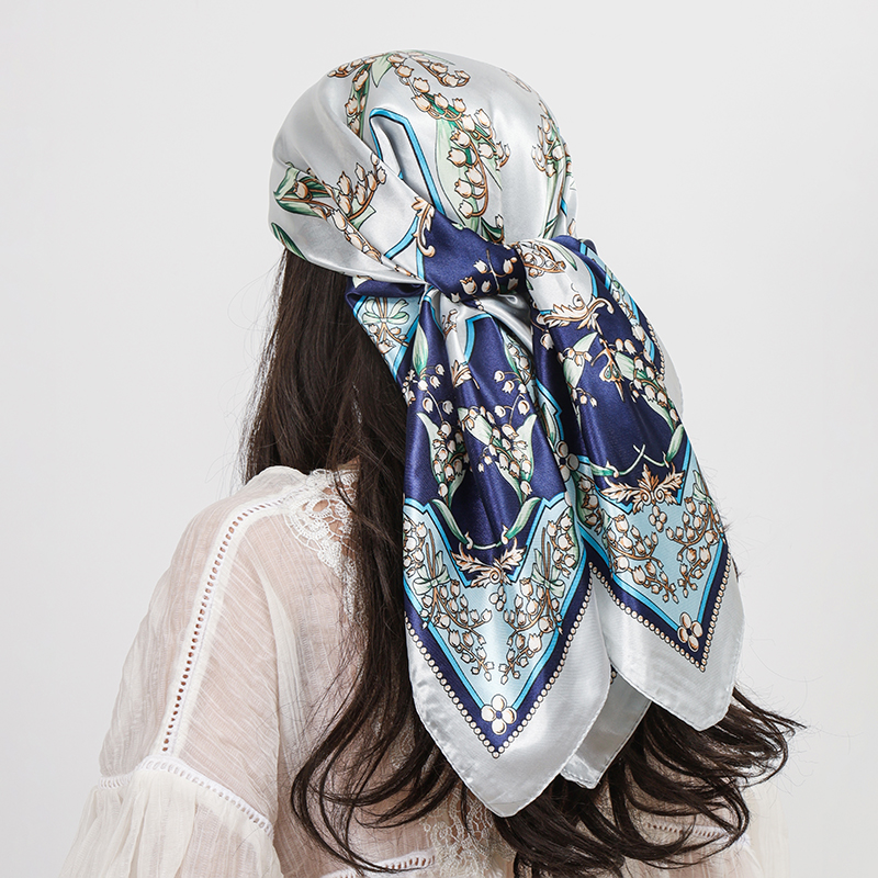 Foulard carré en Satin de soie pour femmes, imprimé floral, châle, mode, bandeau pour dames, bandes de cheveux, enveloppes, Hijab, Bandana, 90cm