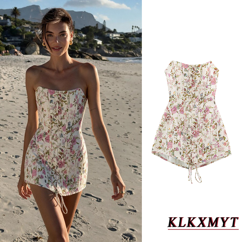 Robe sans bretelles à imprimé tendance pour femmes, robe sexy sans manches, dos nu, à lacets sur le devant, élégante et chic, robe midi pour les vacances d'été