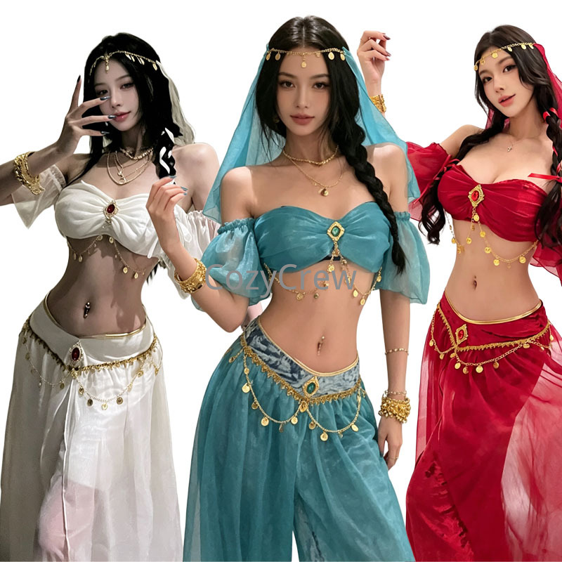 Costume de princesse arabe pour femmes, tenue de danse du ventre rouge, ensemble de cosplay pour fête d'Halloween, haut à épaules dénudées, jupe longue, foulard, style gypsy