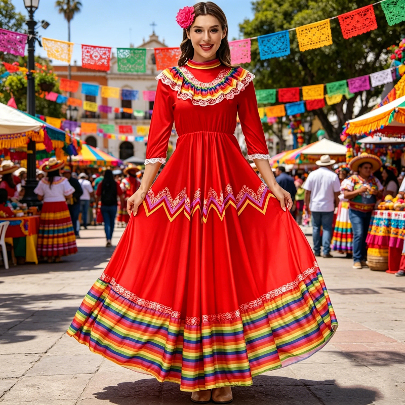 Robe maxi mexicaine traditionnelle à larges volants, rayée et colorée, pour femmes, costume de fête, de carnaval ou de danse, avec coiffe fleurie
