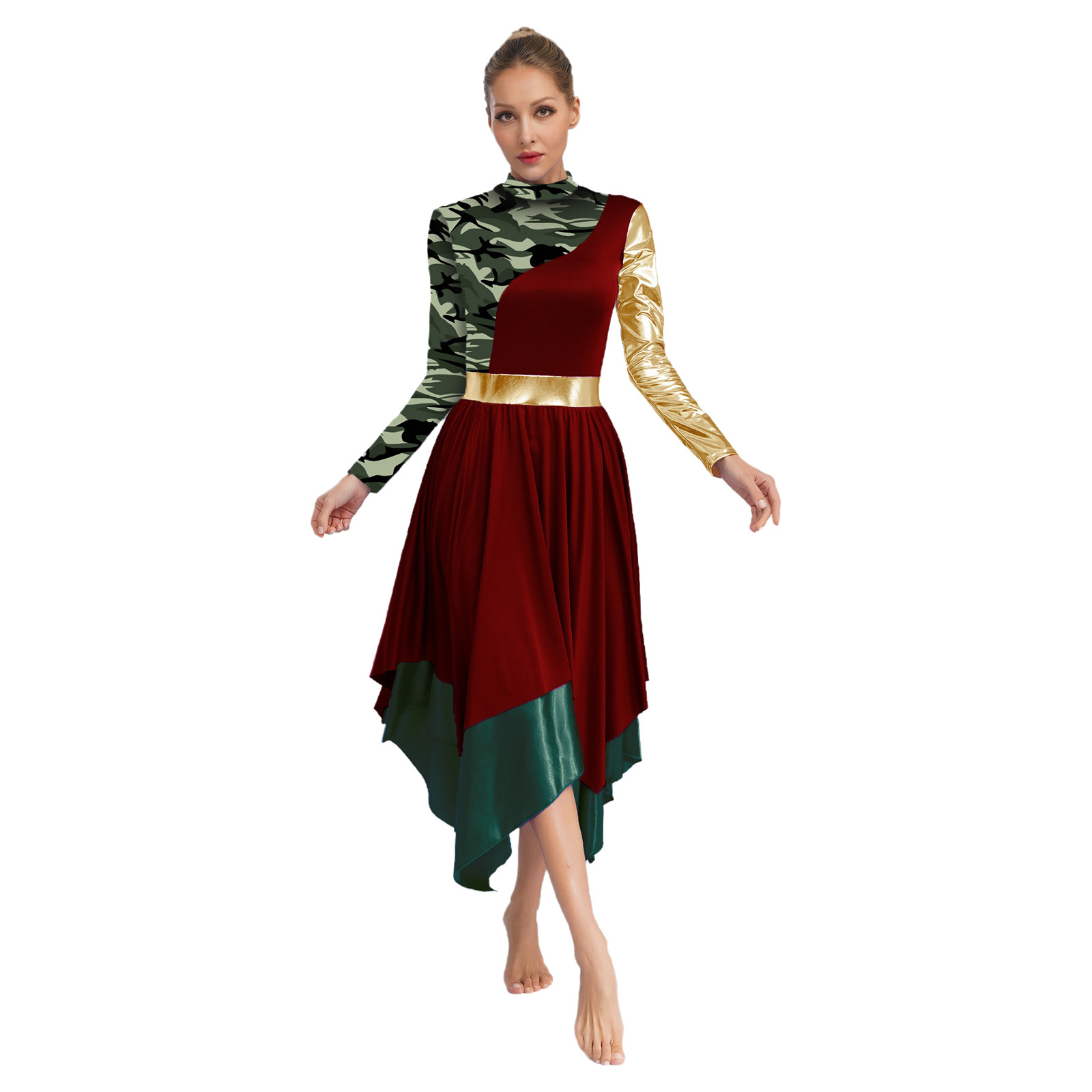 Costume de danse d'éloge pour femmes, robe de culte, robe imprimée à manches longues et pantalon à jambes larges, ensemble pour vêtements de danse moderne lyrique liturgique