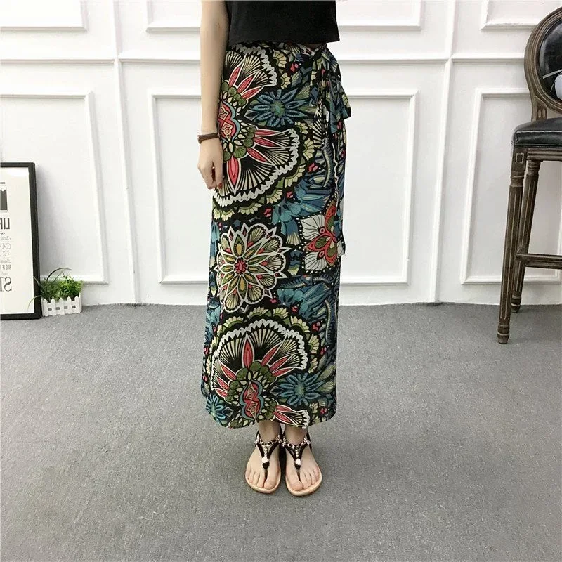 Jupe florale de plage d'été pour femmes, jupe longue portefeuille taille haute avec fente latérale, détail de cravate, Style Boho, Design Y2K