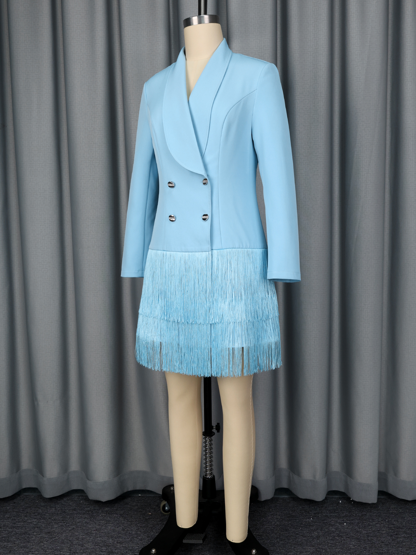 Robe Blazer Élégante à Franges Superposées pour Femme, Bleu Clair, Double Boutonnage, Manches Longues, Idéale pour le Travail, les Cocktails et les Soirées