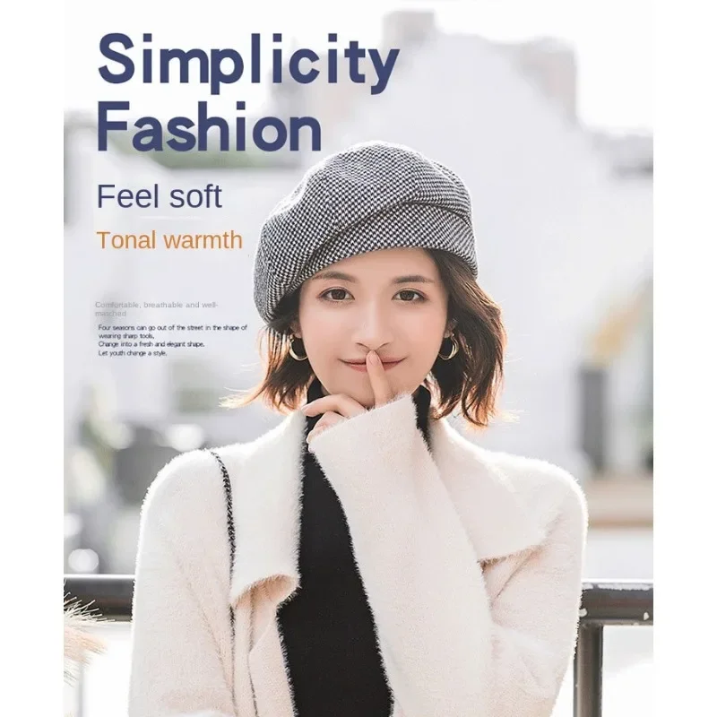Béret en laine Simple pour femmes, pour dame élégante, chapeaux en coton, à carreaux, Vintage, octogonal, décontracté, automne, 2024