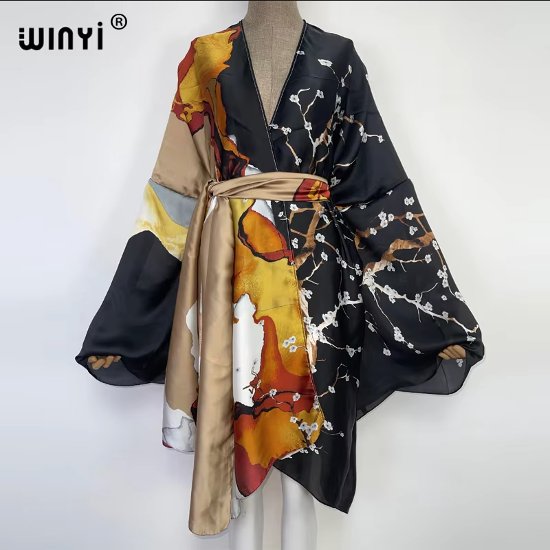WINYI Kimono de défilé pour femme, imprimé, à ourlet bouffant, manteau, cardigan à manches longues, abaya, vêtement de plage de luxe de Dubaï, robe bohème, caftan