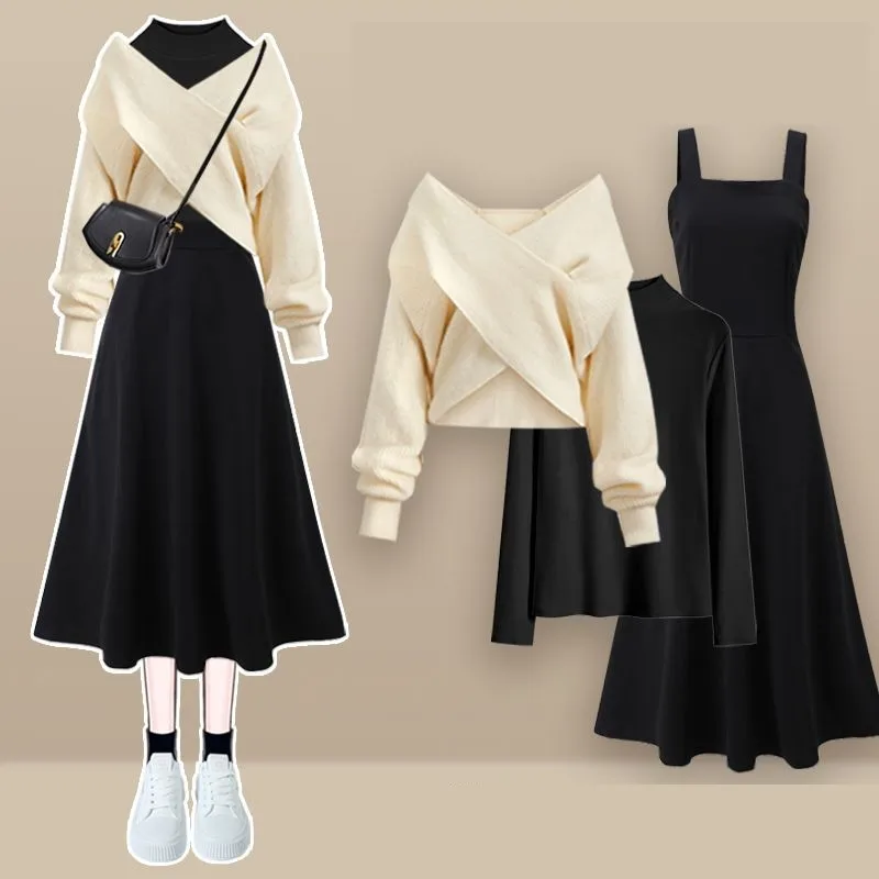 Femmes printemps automne nouveau Vintage tricot pull + chemise + sangle robe Midi 3 pièces costume 2025 coréen élégant pull robe correspondant ensemble