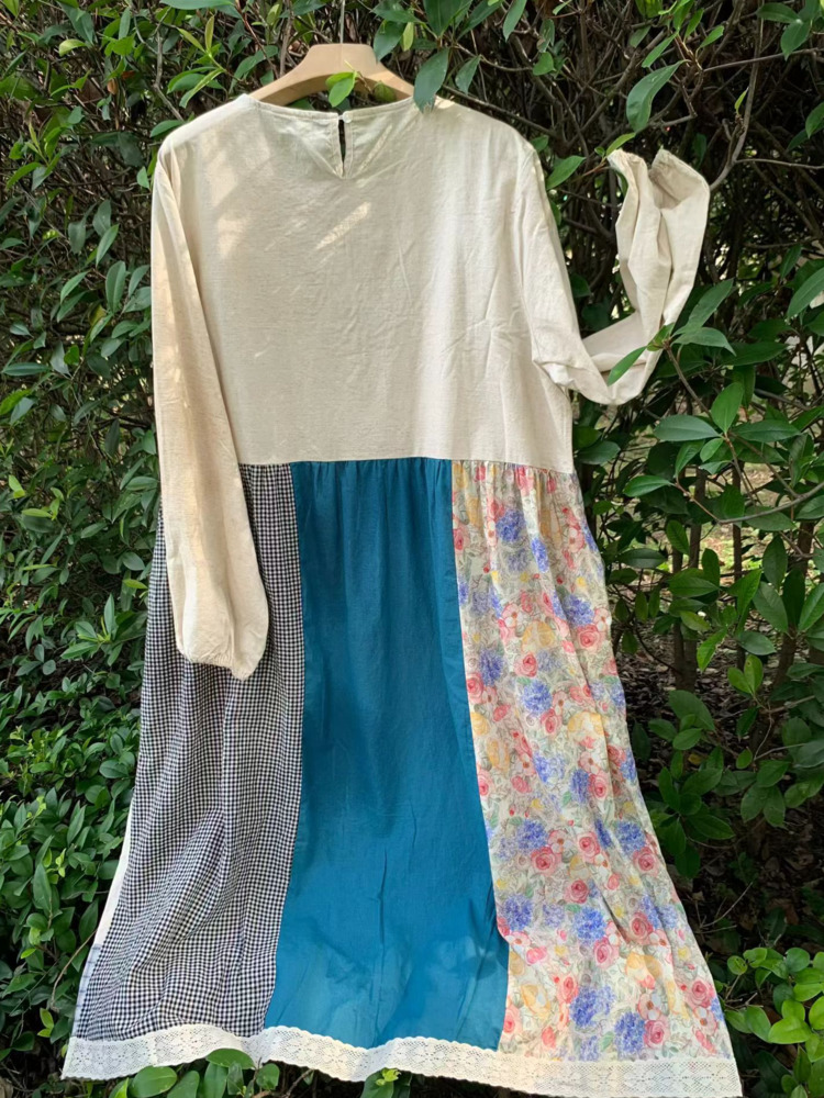 SHENGPALAE Robes Femme Patchwork Maxi Ample Vintage Bohème Manches Longues Poches Décontracté Artistique Surdimensionné Automne 2026 Nouveau