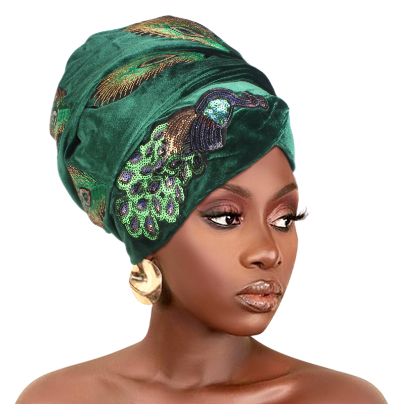 Nouveau Turban Long en Velours Orné de Paon et de Paillettes pour Femme, Foulard de Luxe pour Femme, Hijab, Turbante