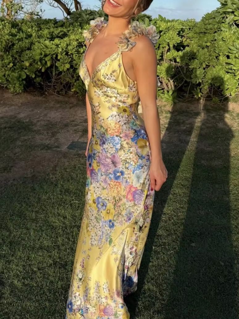 Robe longue élégante jaune 100 % soie pour femme, imprimé floral, col en V, sans manches, taille haute, coupe ajustée