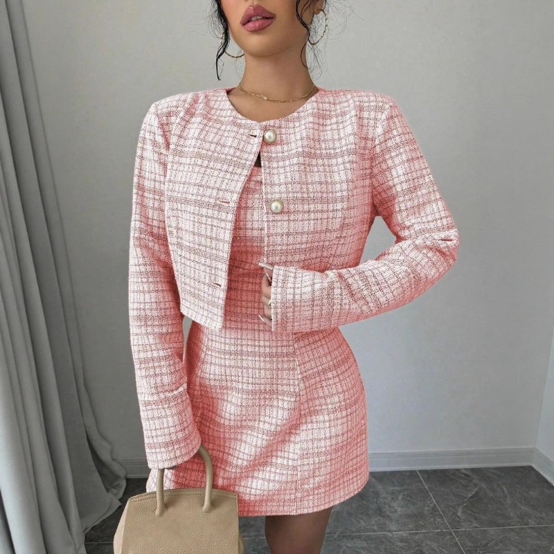 Ensemble élégant 2 pièces en tweed pour femme, automne-hiver, tenue de bureau, robe courte sans manches à carreaux et veste courte