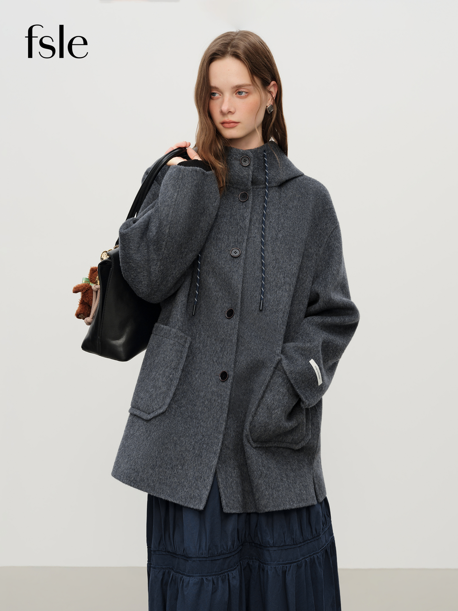 FSLE manteau en laine Double face à capuche rajeunissant de Style collégial pour femmes manteau en laine mi-long poches gris fille
