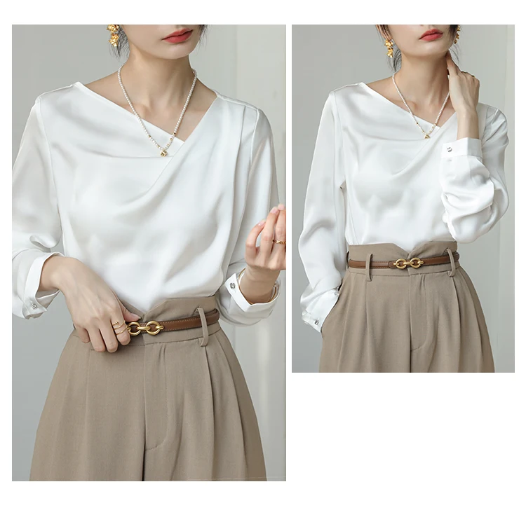 Chemises en Satin pour femmes, nouvelle soie, couleur unie, chemisiers décontractés, amples, vêtements pour dames, mode, manches longues, hauts blancs, printemps/été