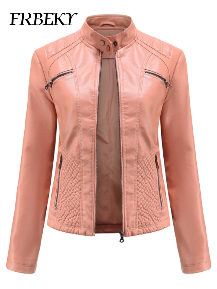 Femmes manteau automne nouvelle veste en cuir décontractée col montant à manches longues veste mince couleur unie manteau Streetwear veste à glissière