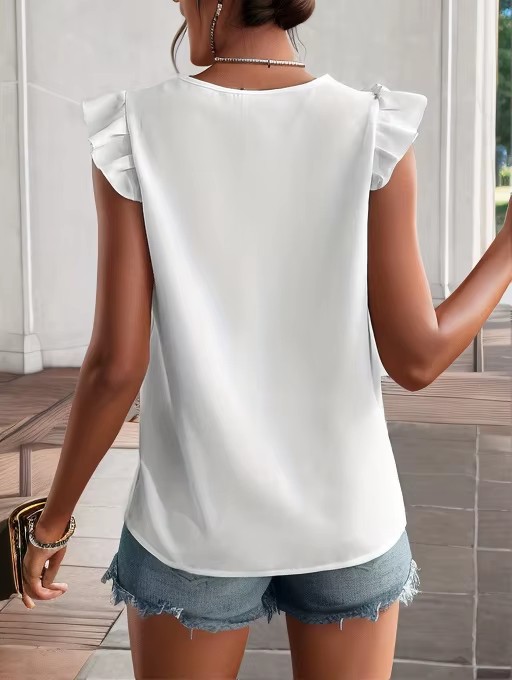 Chemisier élégant pour femme avec dentelle, sans manches, tunique d'été, adapté au bureau, chemisier à col en V