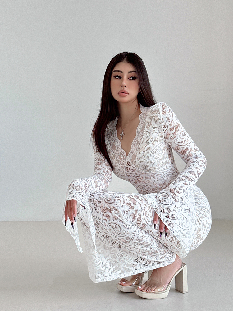 Robe longue en dentelle, Sexy, décolleté en V profond, manches évasées, élégante, ajourée, manches longues, col en V, maille transparente pour femmes, 2025 B6RN