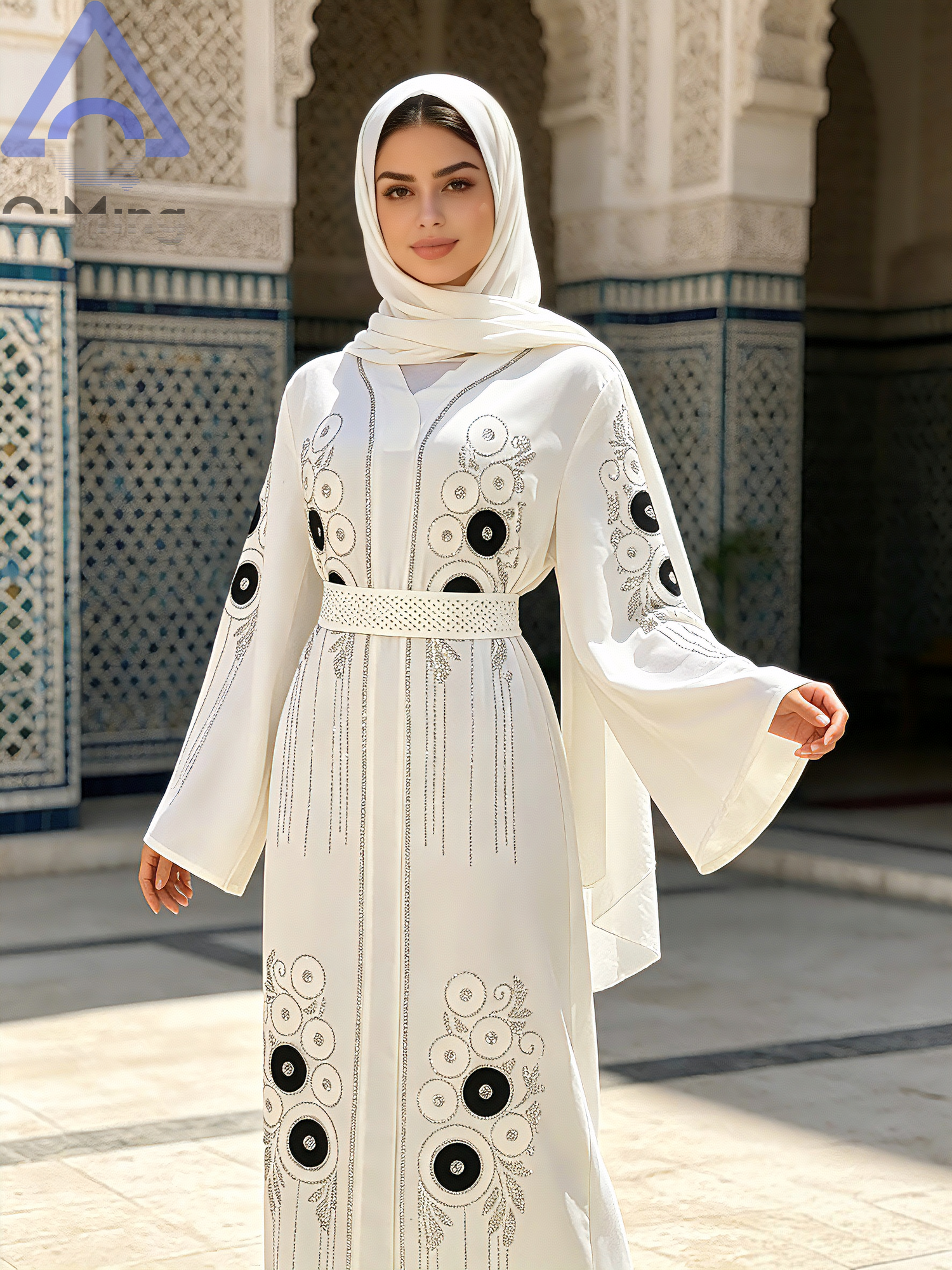 Robe longue Kaftan Abaya africaine en strass avec écharpe couleur terre cuite, manches chauve-souris, tenue de soirée modeste pour femme musulmane, pour l'Aïd et les mariages