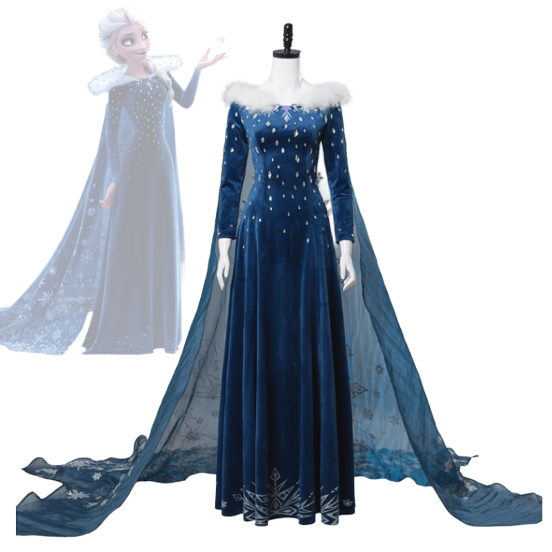Déguisement Elsa Reine des Neiges Costume Adulte La Reine des Neiges : Joyeuses Fêtes Robe en Velours Bleu Foncé avec Cape de Noël pour Femme