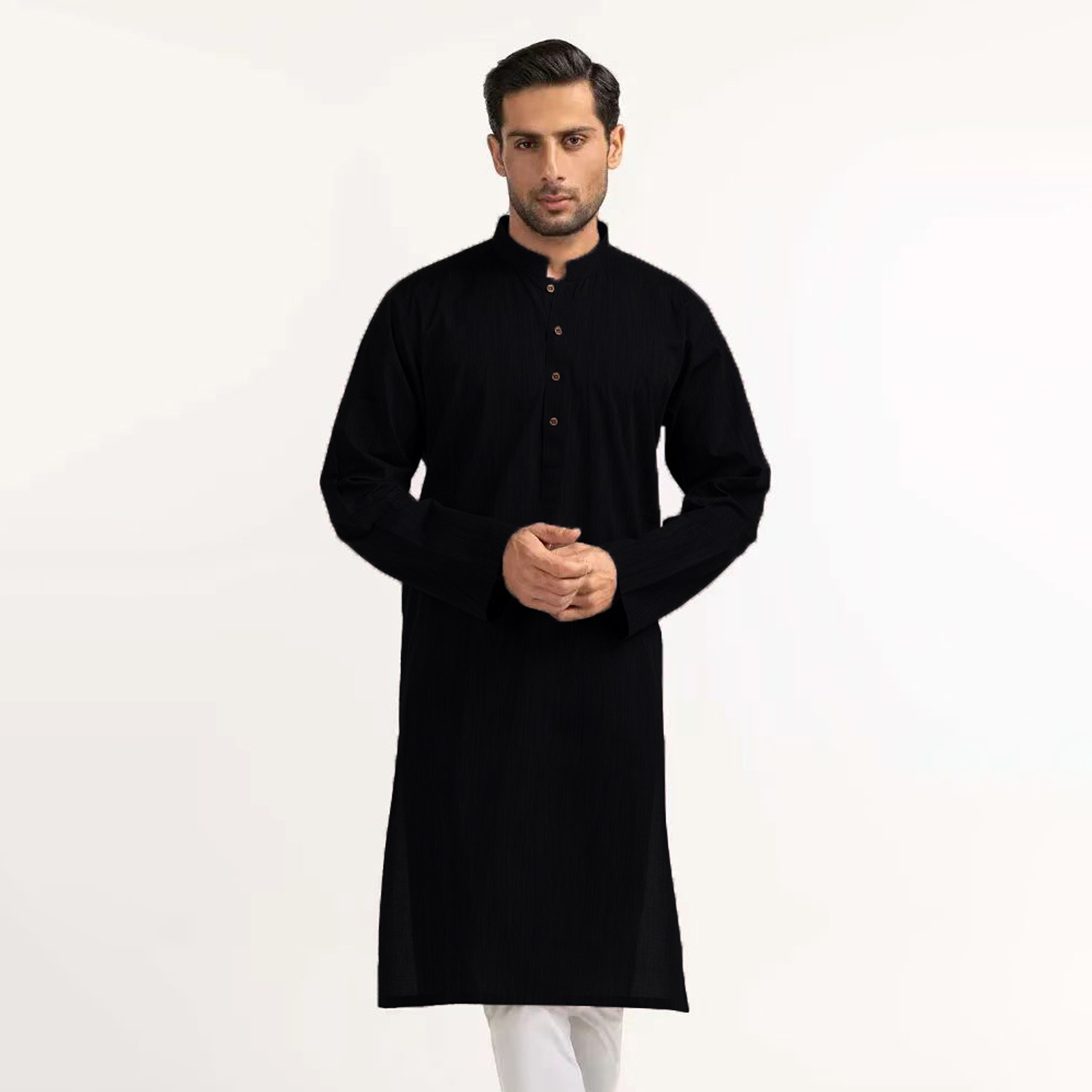 Robe musulmane noire à col montant pour hommes, mi-longue, personnalité décontractée, mode, chemise de couleur unie, vêtements traditionnels pour hommes