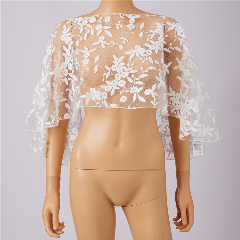 hirigin Cape courte en tulle et dentelle florale pour femme, châle de mariage à manches cloche, boléro transparent en maille, couvre-épaules pour mariée, soirée, bal de promo