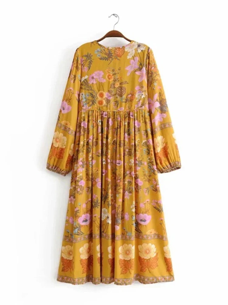 Robe bohème vintage chic pour femmes, imprimé floral, manches évasées, robes maxi pour dames, volants, robe en coton Boho, robe éducative, mode