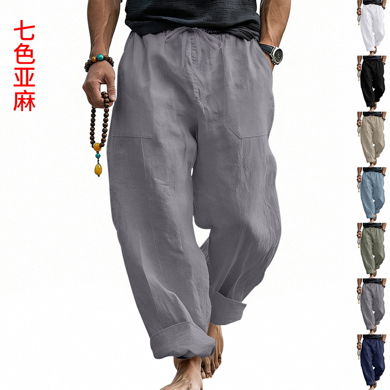 Pantalon homme 2026 décontracté, nouveau style plage, ample, en lin, avec poches, pour le printemps et l'automne, style vacances, pantalon fin, vêtements pour hommes
